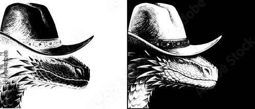 Vintage Dragon in Cowboy Hat Engraving, Inverted Black White Xerography Vector on Transparent Background