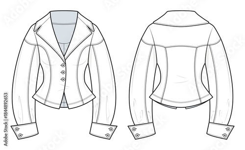 Tailored Peplum Blazer Jacket Technical Fashion Illustration. Fitted Women’s Jacket with Notched Lapel and Long Sleeves. Button-Front Design. CAD Mockup.