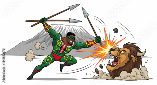 African superhero in a green costume fighting a fierce lion.