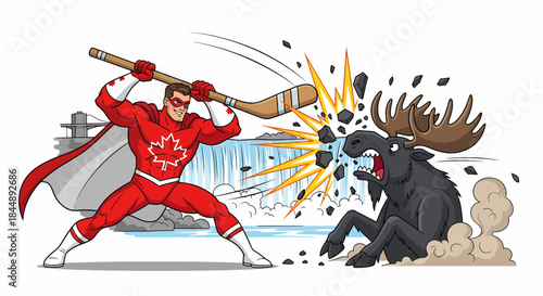 Canadian superhero battles a moose with a hockey stick in epic showdown.