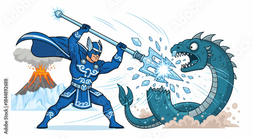 Brave superhero warrior fighting a giant sea serpent with a magic staff.