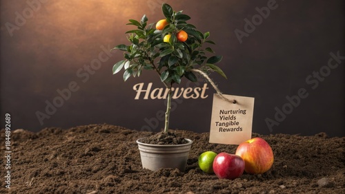A small citrus fruit tree with ripe oranges and apples in soil, symbolizing harvest and rewards