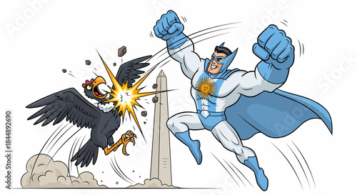 Dynamic cartoon superhero punching a large bird of prey.