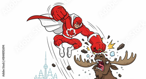 Canadian Superhero Punching a Moose in a Dynamic Action Scene.