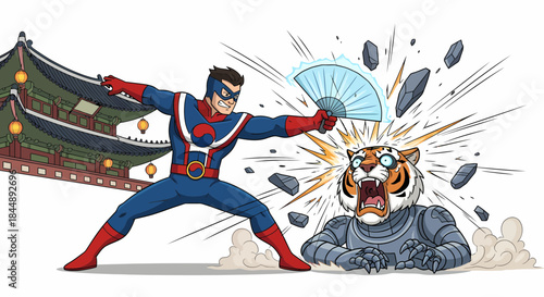 Dynamic comic book superhero battles a ferocious tiger with a fan.