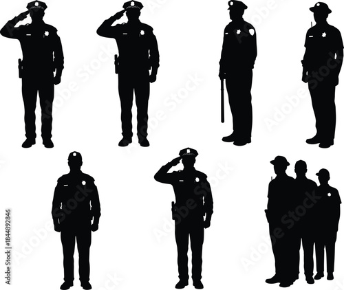 Police officer silhouettes vector illustration, saluting pose, standing formation, law enforcement icons, black uniform figures, security personnel design elements, isolated graphic