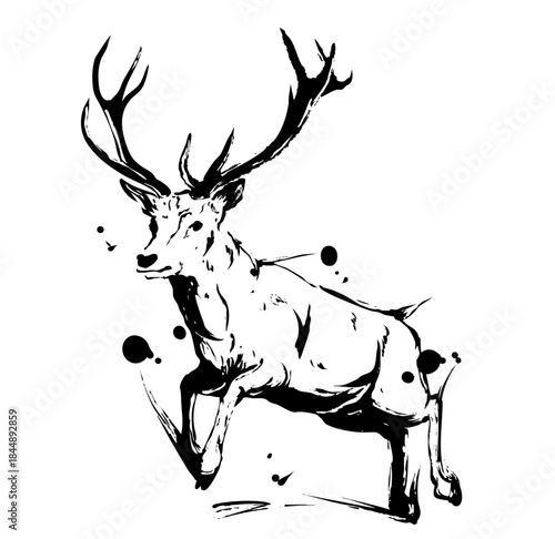 Majestic Deer in Japanese Ink Art – Sumi-e Wildlife Illustration
