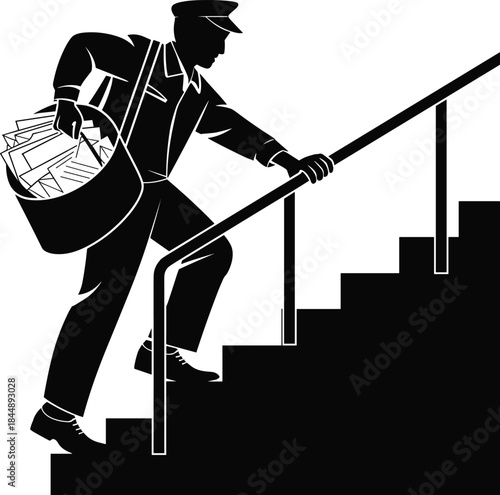Postman climbing stairs delivering mail, vintage postal worker silhouette vector illustration, courier carrying letters in bag, delivery service concept, communication symbol design