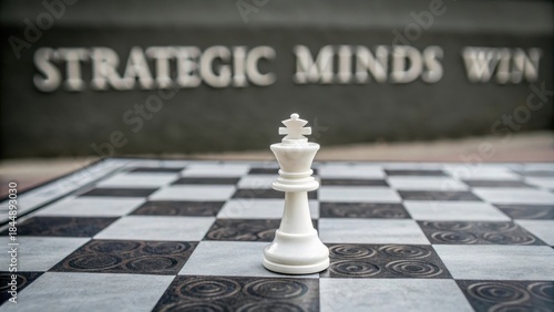 A solitary white chess king stands as the focal point of an overhead view of a game board, representing strategic minds.