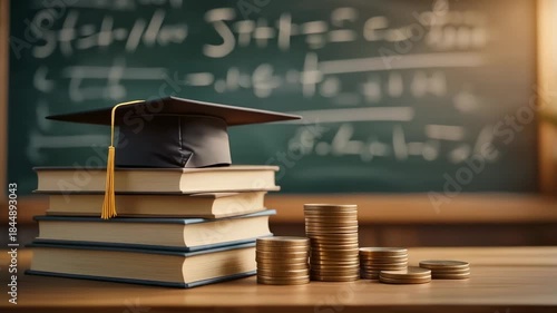 Graduation cap on books next to stacked coins in a classroom setting. Concept of student loan debt, tuition fees, and the high cost of higher education investment