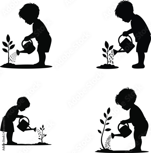Silhouette illustrations of a child nurturing plants