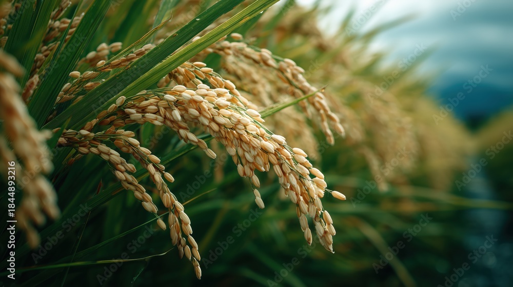 Fototapeta premium Golden Rice Fields Under Soft Cloudy Sky with Close-Up of Grain Ears and Green Leaves