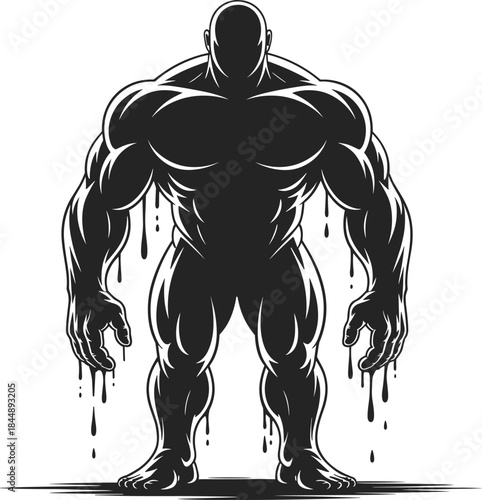 Powerful muscular monster silhouette, dripping ink style illustration, dark fantasy creature design, strong bodybuilder vector, superhero villain concept art, intimidating figure drawing