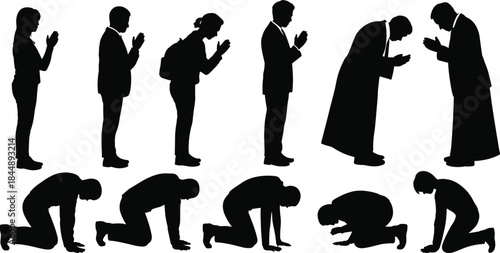 Prayer posture silhouette, black vector illustration, spiritual practice sequence, worship and devotion concept, reverent gesture design, religious ritual artwork, humility expression