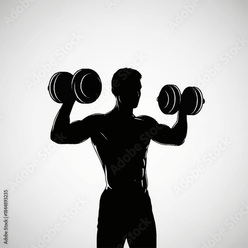 Silhouette of a muscular man performing bicep curls with dumbbells, highlighting fitness and strength