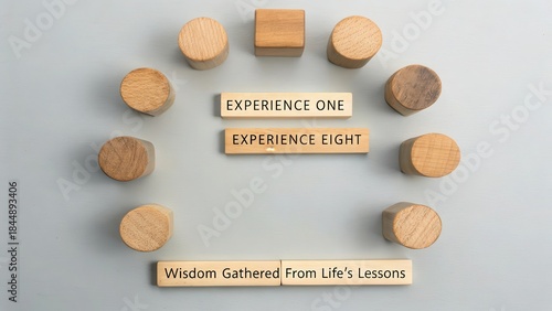 Eight distinct wooden pieces and text blocks with 'Experience One', 'Experience Eight', and 'Wisdom Gathered From Life's Lessons' suggesting learning and growth.
