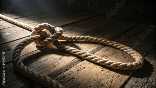 A Thick Rope Knot Being Gradually Untangled on a Textured Wooden Surface.