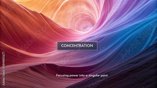 A vibrant abstract landscape of flowing energy representing concentration and focusing power into a singular point