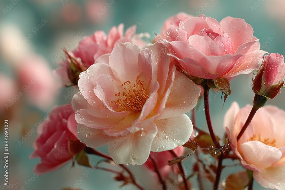 Obraz premium A delicate macro photograph of pink-peach roses after the rain. Large droplets of water adorn the petals, highlighting their fine texture and natural luster 