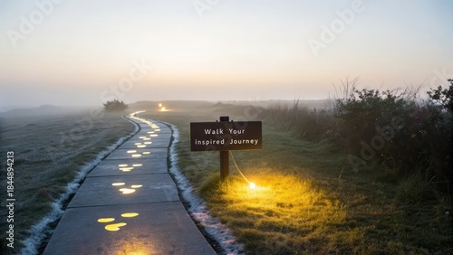 An Illuminated Path of Glowing Footsteps Leading Into A Bright Misty Sunrise, Offering Guidance For An Inspired Journey