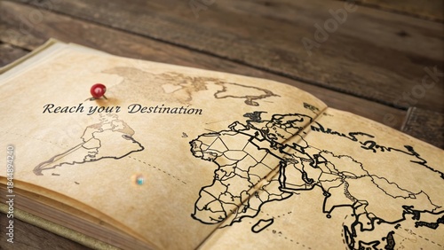 An opened old map with a single red pin marking a destination on a wooden surface