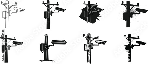 Surveillance camera pole silhouette icons, security monitoring vector set, CCTV system illustration collection, safety technology design elements for modern protection visuals
