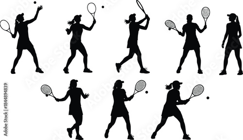 Tennis silhouette, female athlete, action poses, racket swing, sports movement, black vector, dynamic play, skirt outfit, ponytail, training, serve