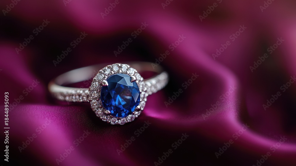 Fototapeta premium A beautifully crafted sapphire and diamond ring displayed on rich burgundy silk fabric, on blurred background