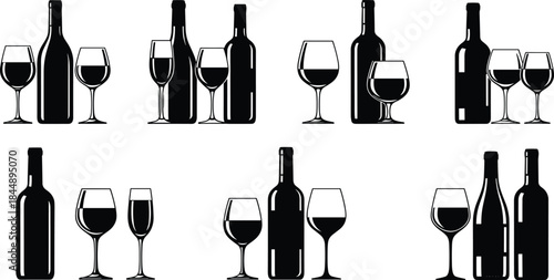 Wine bottle and glass silhouette collection, black vector icons for bar, restaurant, winery, alcohol, beverage, drink, celebration, design