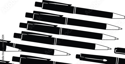 Pattern background of black ballpoint pens vector illustration, office stationery supply silhouettes collection isolated on white for business and school education design.