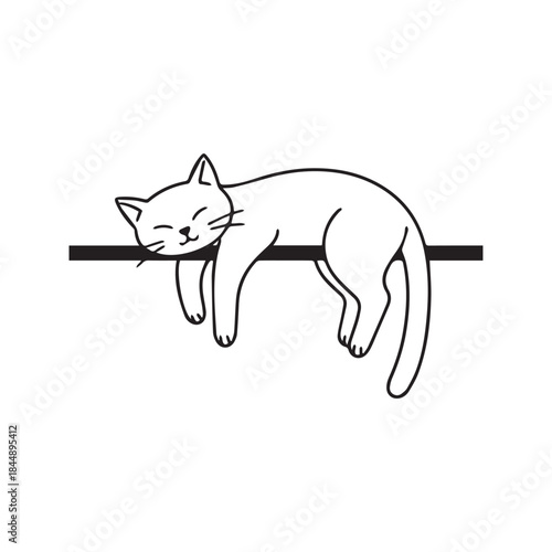 Cute lazy cat sleeping on a wall line drawing. Minimalist vector illustration of a resting feline hanging over a border with paws down. Funny black and white sketch design isolated on white