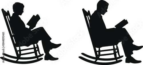 People reading books in rocking chairs, relaxation and leisure concept vector illustration, calm lifestyle silhouette design, peaceful reading time artwork