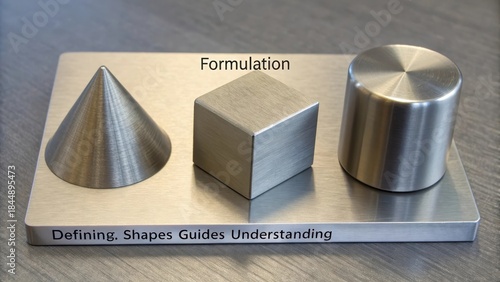Three Metallic Abstract Geometric Forms Cone Cube Cylinder Arranged on a Surface for Learning