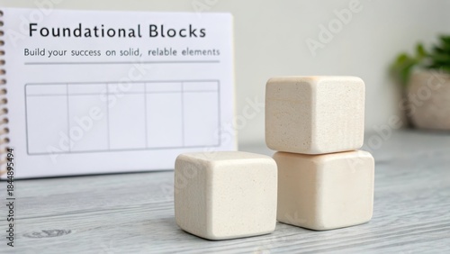 Three perfectly balanced opaque ceramic cubes arranged in a minimalist composition on a clean surface with a sign