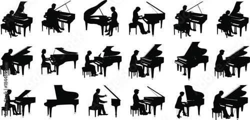Piano player silhouette collection, musicians performing on grand piano, classical music concert art, pianist sitting and playing instrument vector illustration for design, performance theme