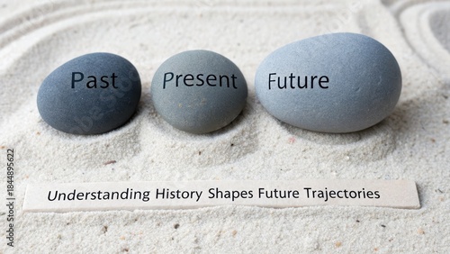 Three Smooth Charcoal Grey Stones Labeled Past Present and Future Arranged in Sand Representing the Flow of Time