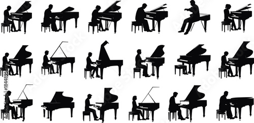 Piano player silhouettes collection, musicians performing on grand piano, classical concert art, pianist playing instrument vector illustration, music performance design, elegant stage composition