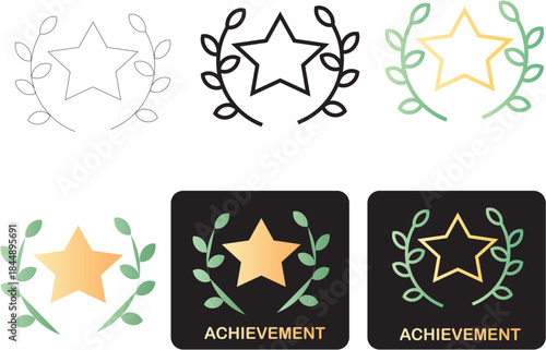 Minimalist vector achievement award icon set, showcasing a star and laurel wreath motif in outline, solid, and elegant gradient styles, ideal for success recognition