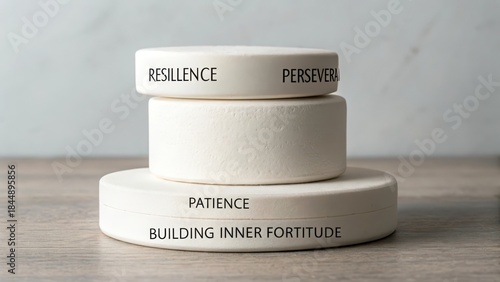 Three smooth matte white ceramic discs stacked, conveying concepts of patience resilience and building inner fortitude with inscriptions