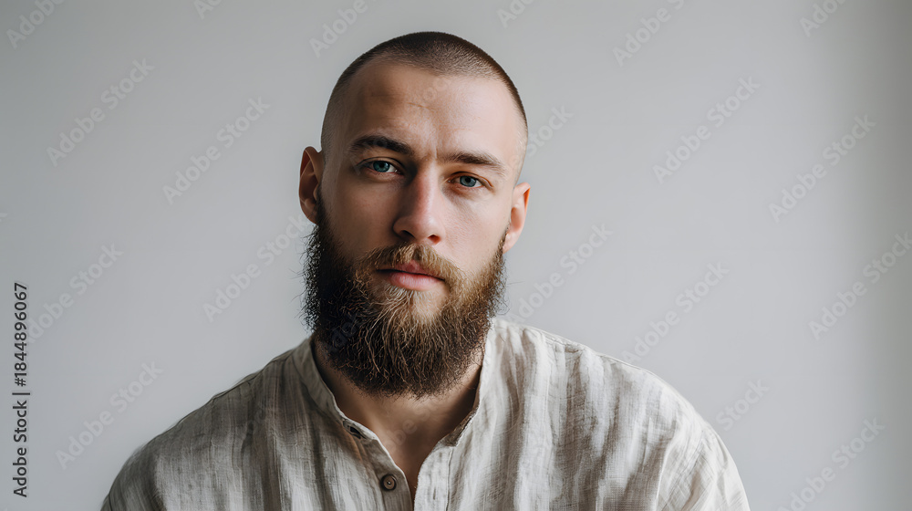 Fototapeta premium Contemplative Portrait: A close-up shot of a man with a full beard gazing directly at the viewer, radiating a sense of quiet intensity and thoughtfulness.
