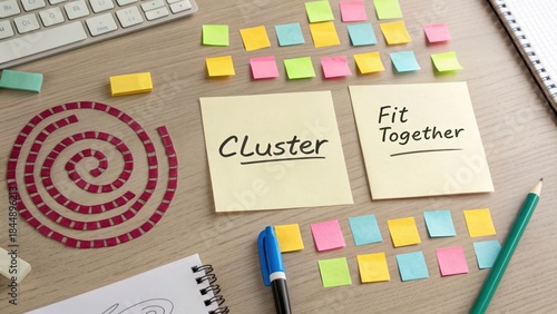 Yellow sticky notes with 'Cluster' and 'Fit Together' words arranged in a work desk flat lay