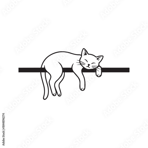 Cute lazy cat sleeping on a wall line drawing. Minimalist vector illustration of a resting feline hanging over a border with paws down. Funny black and white sketch design isolated on white