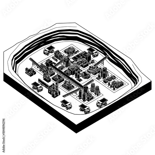 Isometric illustration of a large-scale open-pit mining operation with industrial buildings and haul trucks.