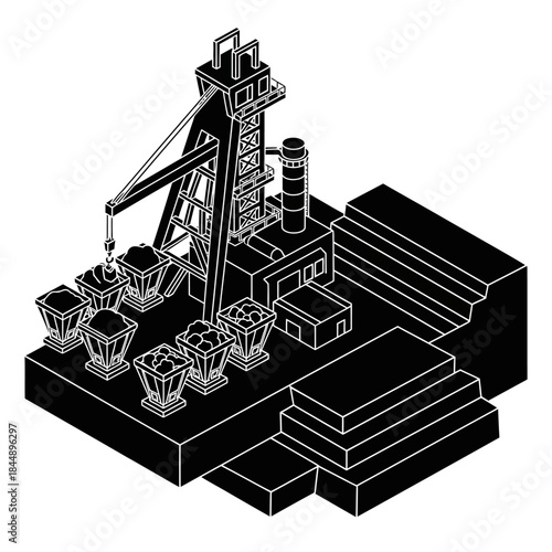 Isometric black and white illustration of a mining facility with a headframe, crane, and multiple ore carts filled with various raw materials.