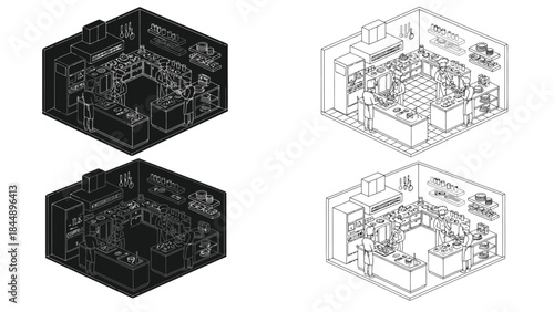 Isometric kitchen designs presented in various rendering styles and perspectives