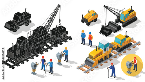 Isometric construction site with heavy machinery workers and railway track components