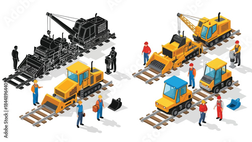 Construction site with cranes workers and railway tracks in isometric view