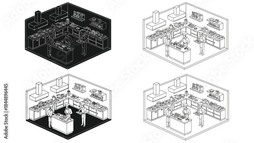 Isometric kitchen designs showcasing various layouts and perspectives in black and white