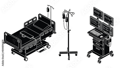 Medical equipment illustration featuring a hospital bed iv pole and monitoring station