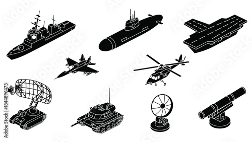 Military vehicles and aircraft collection ships tanks planes and radar systems